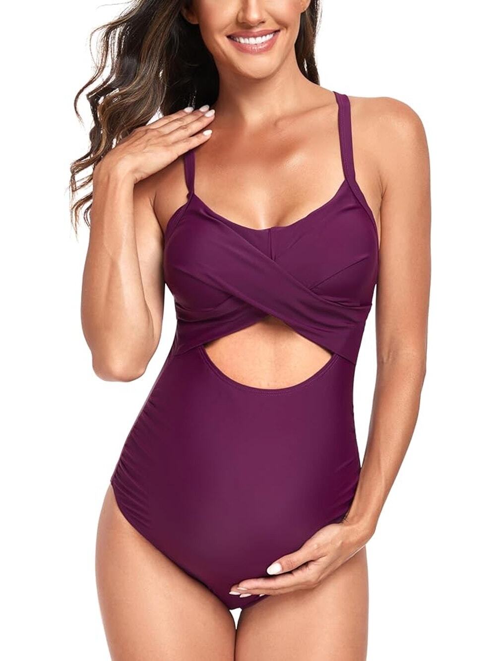 NWT New EastElegant Maternity Burgundy Cut-Out One Piece Swimsuit Size Medium